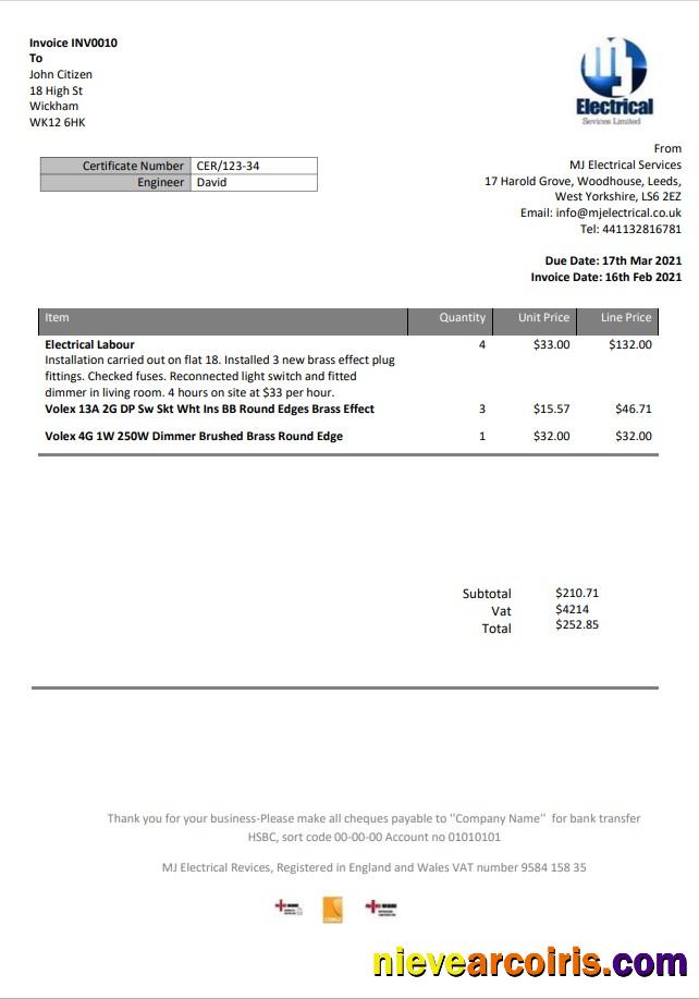 United Kingdom MJ Electrical proof of address utility bill